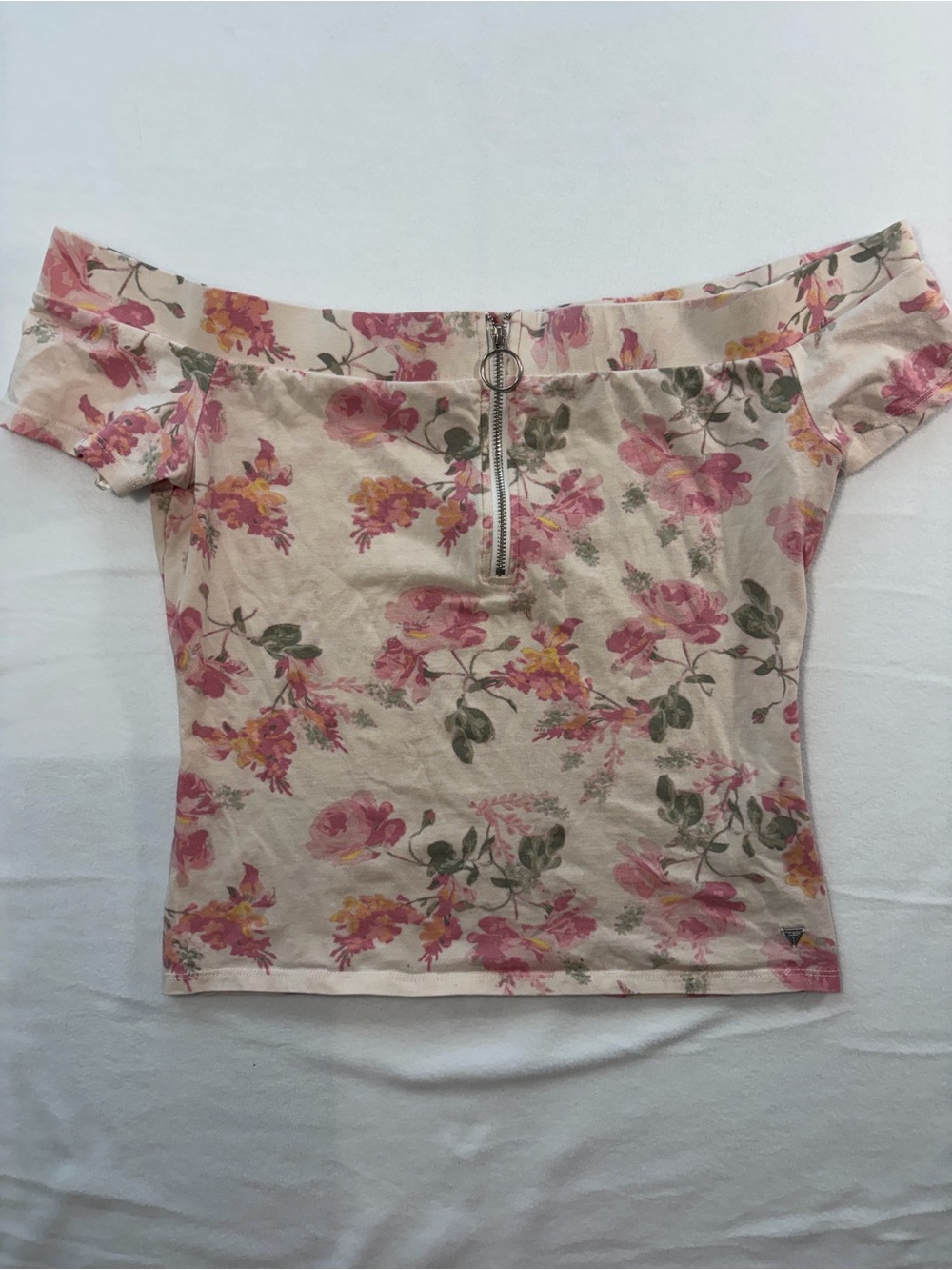 Guess Floral Off-Shoulder Zipper Top - Pink Floral